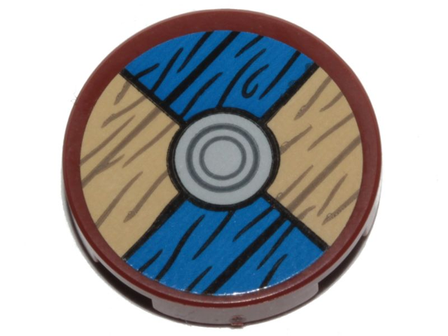 Lego Tile, Round 2 x 2 with Bottom Stud Holder with Viking Shield Blue / Tan Sections and Wood Grain Pattern (Sticker) - Set 76208 / Reddish Brown