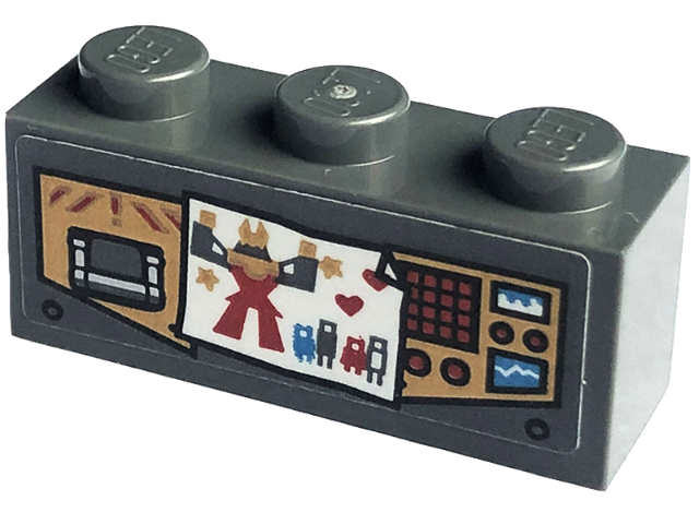 Lego Brick 1 x 3 with Gold Control Panels with Red Buttons, Dark Azure and White Displays, and Paper with Picture of Mech Pattern (Sticker) - Set 71775