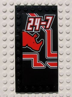 Lego Tile, Modified 6 x 12 with Studs on Edges with White '24-7' and Red Rhino Head Pattern Model Right (Sticker) - Set 8285 / Black