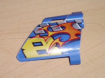 Lego Technic, Panel Fairing #22 Large Short, Small Hole, Side A with Yellow Number 8, Flames, and Checkered Pattern (Sticker) - Set 8646 / Blue