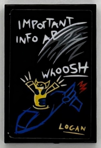 Lego Tile 2 x 3 with 'IMPOrTANT INFO', 'WhOOSH', 'LOGAN' and Blackbird Jet Drawing Pattern (Sticker) - Set 76294