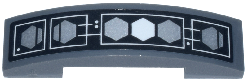 Lego Slope, Curved 4 x 1 x 2/3 Double with Black Elevator Indicator Panel, Silver Hexagons, White Hexagon in Center Pattern (Sticker) - Set 75419 / Dark Bluish Gray