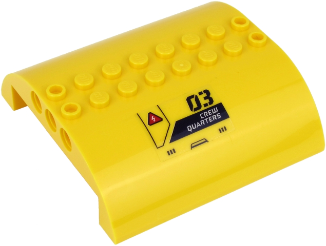 Lego Slope, Curved 8 x 8 x 2 Double with '03', 'CREW QUARTERS' and White Lightning Bolt on Red Triangle Pattern (Sticker) - Set 60265