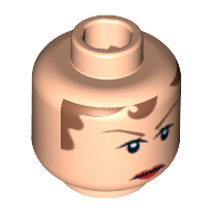 Lego Minifig Head Cruncher's Driver, Brown Hair, Eyebrows, Red Lips Print [Blocked Open Stud] / Light Nougat