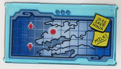 Lego Glass for Window 1 x 4 x 6 with Map Screen and '01-20 SAVE NINJA' and 'MILK!' Sticky Notes Pattern (Sticker) - Set 70596