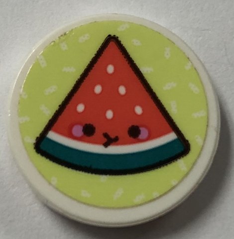 Lego Tile, Round 2 x 2 with Bottom Stud Holder with Coral Watermelon Slice with Face on Yellowish Green Background Pattern (Sticker) - Set 41926