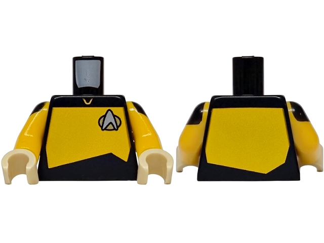 Lego Torso Uniform Vest with Gold and Silver Star Trek Starfleet Insignia, Bright Light Orange Front and Back Panel Pattern / Bright Light Orange Arms with Black Shoulders Pattern / Tan Hands