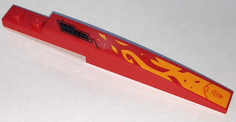 Lego Slope, Curved 10 x 1 with Bright Light Orange Flames, Triangle, Lines and Air Vent Pattern Model Right Side (Sticker) - Set 70675 / Red