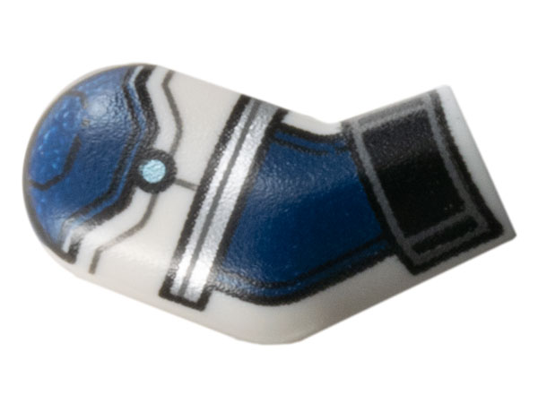 Lego Arm, Right with Black Cuff, Dark Blue Armor, Metallic Light Blue Dot, and Silver Trim Pattern / White