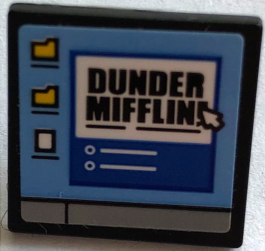 Lego Road Sign 2 x 2 Square with Open O Clip with Computer Screen, 'DUNDER MIFFLIN', 2 Folders and Mouse Cursor Pattern (Sticker) - Set 21336