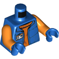 Lego Torso Down Vest with ID Badge over Orange Sweater, Arctic Explorer Logo on Reverse Print, Orange Arms, Blue Hands / Blue
