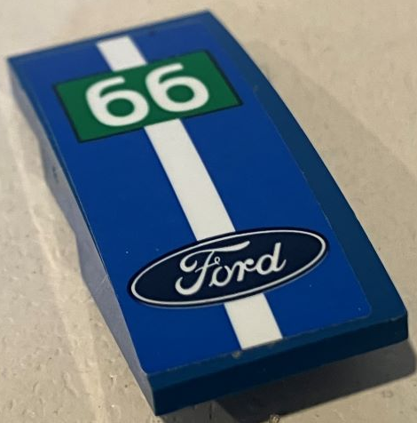 Lego Slope, Curved 4 x 2 with Ford Logo, White Stripe and '66' in Green Rectangle Pattern (Sticker) - Set 75881