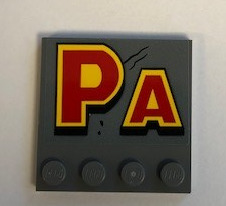 Lego Tile, Modified 4 x 4 with Studs on Edge with 'PA' Pattern (Sticker) - Set 75936 / Dark Bluish Gray
