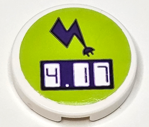 Lego Tile, Round 2 x 2 with Bottom Stud Holder with Dark Purple Electric Charging Point Lightning Bolt and Digital '4.17' on Lime Background Pattern (Sticker) - Set 41350