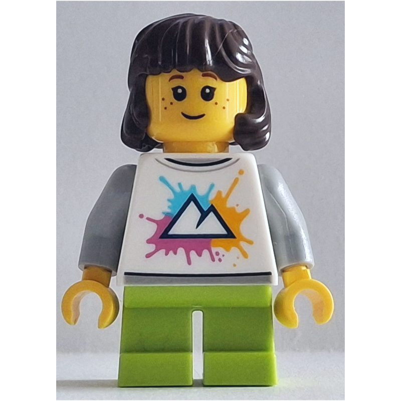 Lego Girl, White Torso, Short Lime Legs, Dark Brown Hair