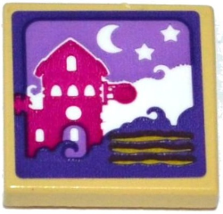 Lego Tile 2 x 2 with House, Moon and Stars Scene Pattern (Sticker) - Set 41176 / Tan