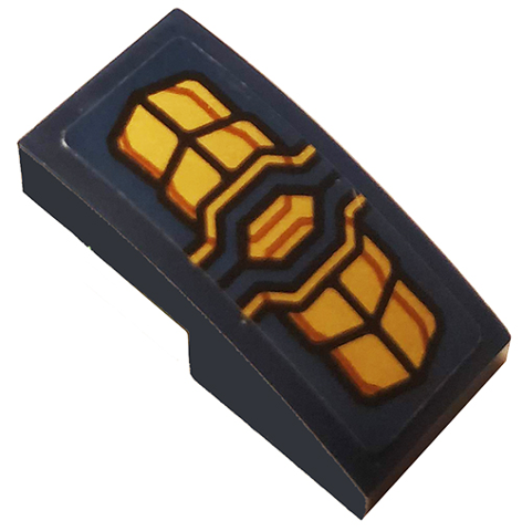 Lego Slope, Curved 2 x 1 x 2/3 with Gold Armor Plates Pattern (Sticker) - Set 76141 / Dark Blue