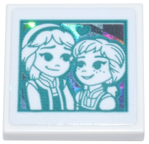 Lego Tile 2 x 2 with Picture of Anna and Elsa with Dark Turquoise Heart and Outlines on Silver Holographic Background Pattern (Sticker) - Set 43244 / White