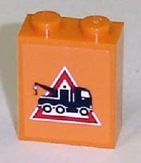 Lego Brick 1 x 2 x 2 with Inside Axle Holder with Tow Truck Danger Sign Pattern Facing Right (Sticker) - Sets 7638 / 7642 / 7686 / Orange