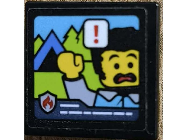 Lego Road Sign 2 x 2 Square with Open O Clip with Computer Screen with Waving Worried Minifigure Video Call, Fire Logo Badge and Exclamation Mark Pattern (Sticker) - Set 60414