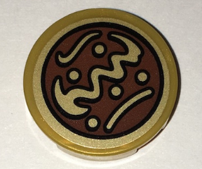 Lego Tile, Round 2 x 2 with Bottom Stud Holder with 5 Gold Dots and Curved Lines on Reddish Brown Background Pattern (Sticker) - Set 70594