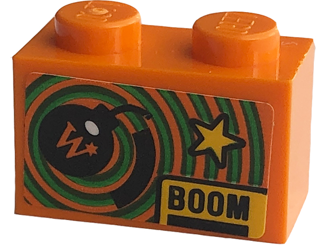Lego Brick 1 x 2 with Yellow Star, Black 'BOOM' and Bomb with Capital Letter W Pattern (Sticker) - Set 76422 / Orange