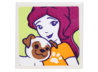 Lego Tile 2 x 2 with Portrait of Female with Paw Print T-shirt and Brown and White Pug Pattern (Sticker) - Set 41305