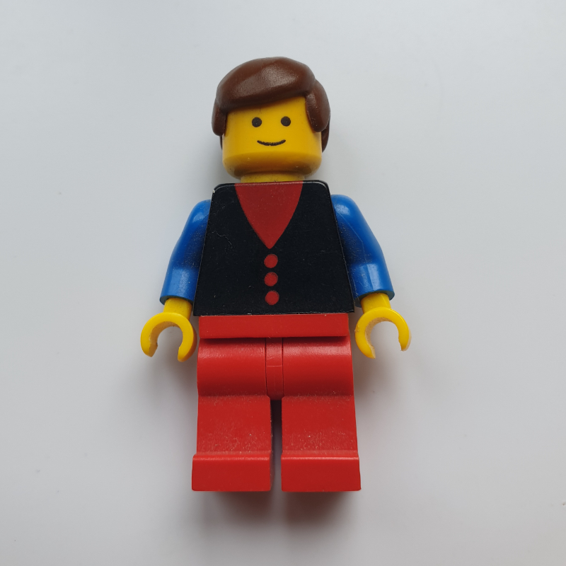 Lego Man, Black Vest over Red Shirt, Red Legs, Brown Hair