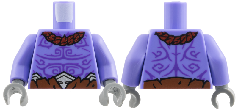 Lego Torso Bare Chest, Dark Red Collar, Dark Purple Tattoos, Reddish Brown Belt with Silver Trim Pattern / Blue Violet Arms / Dark Bluish Gray Hands