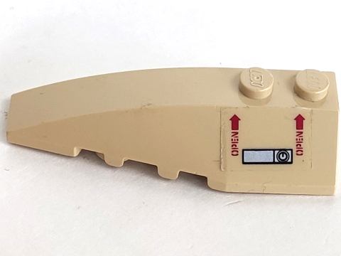 Lego Wedge 6 x 2 Left with Red 'OPEN' and Arrows, Silver Handle and Lock Pattern (Sticker) - Sets 7298 / 7477 / Tan