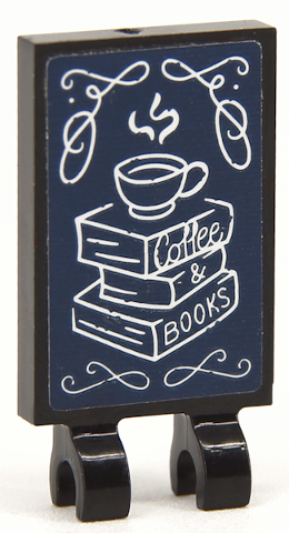 Lego Tile, Modified 2 x 3 with 2 Open O Clips with White 'Coffee & BOOKS' on Dark Blue Sign Pattern (Sticker) - Set 41704 / Black