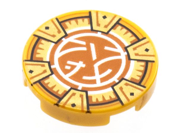 Lego Tile, Round 2 x 2 with Bottom Stud Holder with Gold Frame with 6 Chevrons, Dark Orange and White Core Logo Pattern