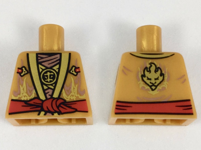 Lego Torso Ninjago Robe, Gold and Copper Flames, Red Sash Pattern / Pearl Gold