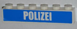 Lego Brick 1 x 6 with White 'POLIZEI' Bold Narrow Font on Blue Pattern (Sticker) - Set 7743