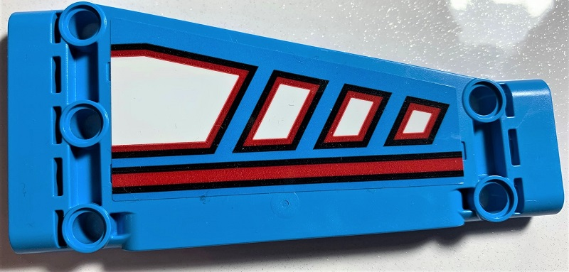 Lego Technic, Panel Plate 5 x 11 x 1 Tapered with Red Line and White Polygons Outlined in Red Pattern Model Right Side (Sticker) - Set 42070 / Dark Azure