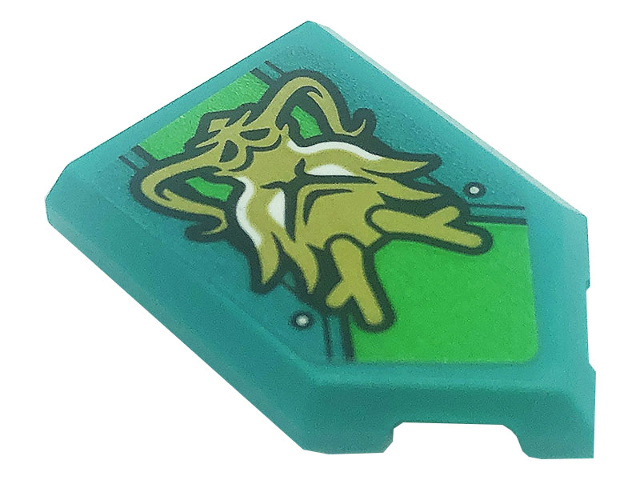 Lego Tile, Modified 2 x 3 Pentagonal with Gold Dragon and Silver Dots on Bright Green Background Pattern (Sticker) - Set 80020 / Dark Turquoise