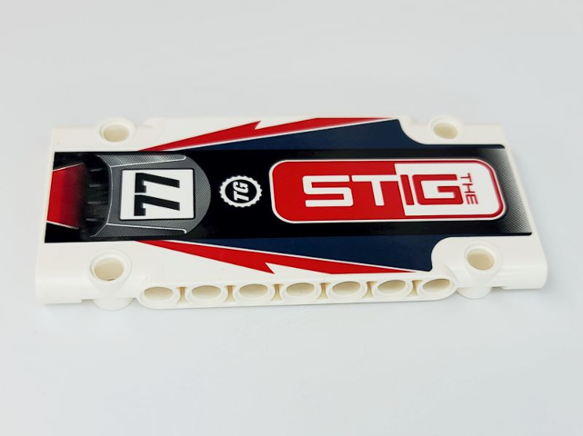 Lego Technic, Panel Plate 5 x 11 x 1 with 'THE STIG', '77', 'TG' Top Gear Logo, and Air Vent on Black, Dark Blue and Red Pattern (Sticker) - Set 42109
