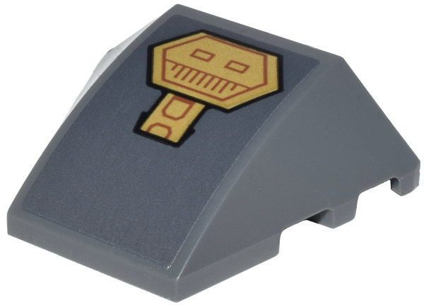 Lego Wedge 4 x 3 Triple Curved No Studs with Gold Hexagon and Square Panels with Dark Orange Lines Pattern (Sticker) - Set 76210 / Dark Bluish Gray