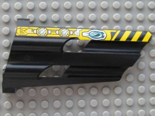 Lego Technic, Panel Fairing # 3 Large Long, Large Holes, Side A with Black and Yellow Dange Stripes, 'CM' and Machinery Pattern (Sticker) - Set 8450 / Black