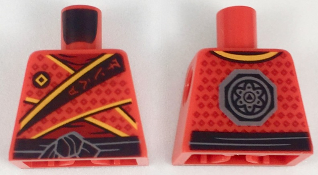 Lego Torso Tunic with Bright Light Orange Trim, Diamonds and Ninjago Logogram 'FIRE' over Dark Red Shirt, Black Waist Sash with Knot, Dark Bluish Gray Octagon Logo on Back Pattern / Red