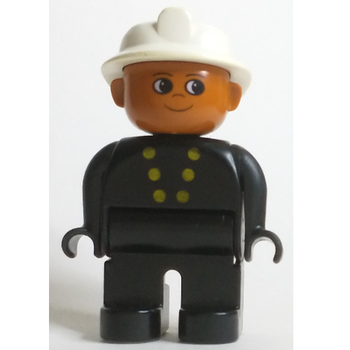 Lego Duplo Figure, Early, Fire Helmet White, Black Legs, Gold Buttons Print / Black