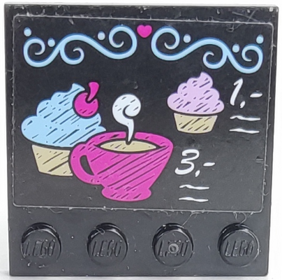 Lego Tile, Modified 4 x 4 with Studs on Edge with Bright Light Blue Filigree, Cupcakes, Dark Pink Coffee Cup, White '1.-' and '3.-' Pattern (Sticker) - Set 41119