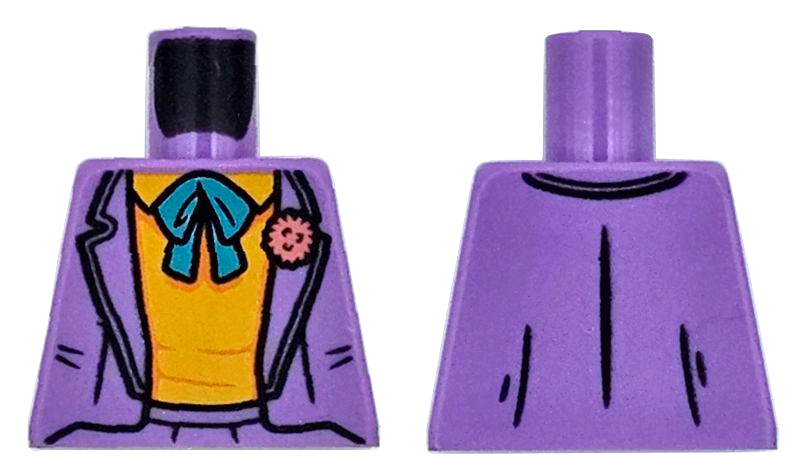 Lego Torso Suit Jacket Open over Bright Light Orange Shirt, Dark Turquoise String Tie, Coral Flower Pattern / Medium Lavender