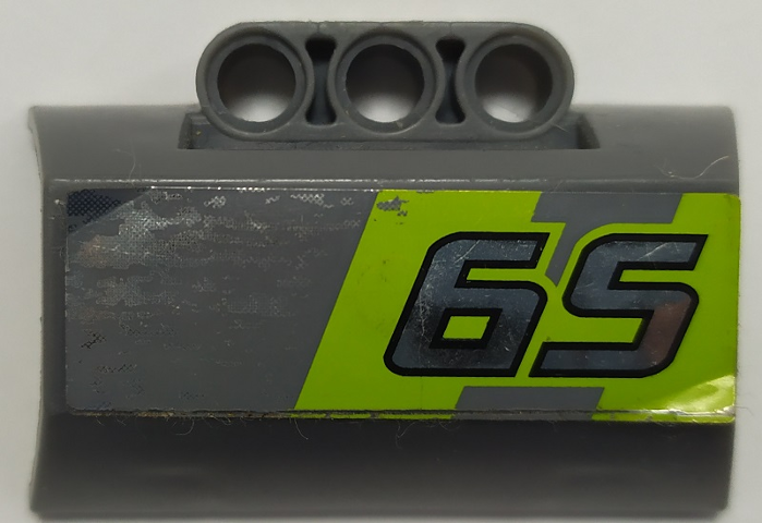 Lego Technic, Panel Engine Block Half / Side Intake with Silver '65' on Lime Stripes Pattern Model Left Side (Sticker) - Set 8496 / Dark Bluish Gray