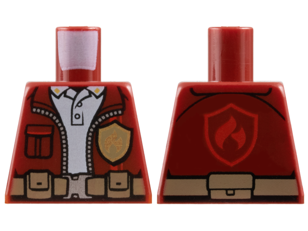 Lego Torso Jacket with Gold Fire Logo Badge over White Polo Shirt, Utility Belt, Red Fire Logo on Back Pattern / Dark Red