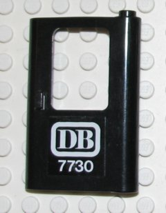 Lego Door 1 x 4 x 5 Train Right, Thin Support at Bottom with White 'DB 7730' Pattern (Sticker) - Set 7730 / Black