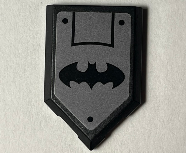 Lego Tile, Modified 2 x 3 Pentagonal with Black Batman Logo and Rivets on Dark Bluish Gray Background Pattern (Sticker) - Set 76117 / Black