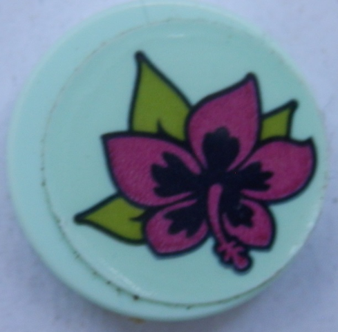 Lego Tile, Round 2 x 2 with Bottom Stud Holder with Magenta Flower and Lime Leaves on Light Aqua Background Pattern (Sticker) - Set 41316