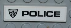 Lego Tile 1 x 4 with Police Silver Star Badge and Black 'POLICE' on White Background Pattern Model Right Side (Sticker) - Set 8186