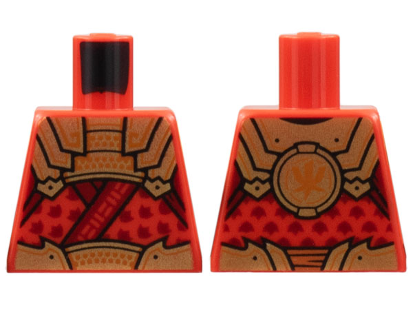 Lego Torso Tunic, Gold Plate Armor and Belt with Dark Orange Trim, Ninjago Logogram Letter K, Dark Red Leaves Pattern / Red
